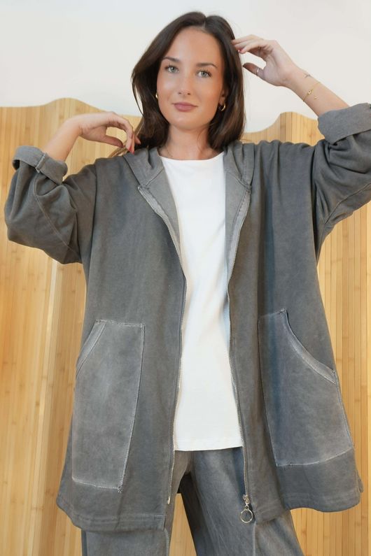 Anine Soft Touch Patch Pocket Hoodie Washed Grey